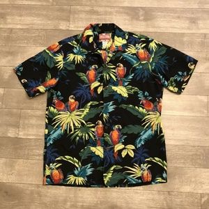 RJC Parrots Palm Trees Hawaiian Shirt Mens Size L